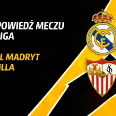 Zapowiedź meczu La Liga: Real Madryt kontra Sevilla. Emblematy klubów Realu Madryt i Sevilli.