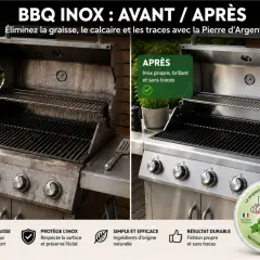 Avant/après : un barbecue en inox sale et encrassé devient brillant après avoir utilisé la Pierre d'Argent pour nettoyer la graisse.