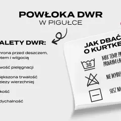 DWR co to? Powłoka DWR chroni przed deszczem, błotem i wilgocią, ułatwia pielęgnację i zwiększa trwałość odzieży.
