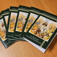 Kilka książek "Przewodnik kandydata do bierzmowania" z ilustracją Jezusa nauczającego tłum.