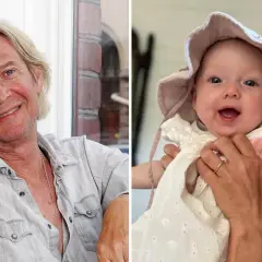 Tommy Nilsson ler mot kameran, bredvid en kvinna som håller ett leende barnbarnsbarn i en söt hatt.