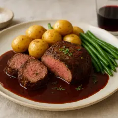 En saftig marinerad oxfile skuren i skivor, serverad med småpotatis, gröna bönor och en mustig sås.