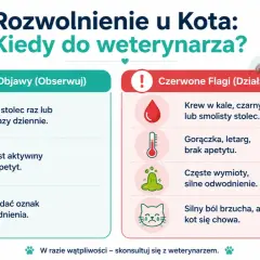 Rozwolnienie u kota: łagodne objawy (luźny stolec, kot aktywny) i czerwone flagi (krew, gorączka, wymioty), kiedy do weterynarza.