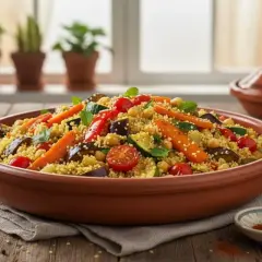 Un saporito cous cous con verdure miste, ceci e menta, servito in una ciotola di terracotta.