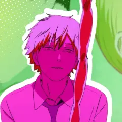 Ein Mann mit pinker Haut und zerzaustem Haar, der auf eine blutige Stange blickt. Im Hintergrund eine Frau mit grünen Haaren. Ein Vorgeschmack auf Chainsaw Man Staffel 2.