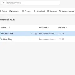 OneDrive interface showing a PDF and JPG file in a "Personal Vault" folder, similar to free file sharing sites like Dropbox.