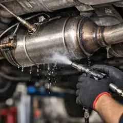 Un mécanicien nettoie un FAP de voiture. Pour savoir si votre voiture a un FAP, vérifiez la présence d'un filtre à particules sur la ligne d'échappement.