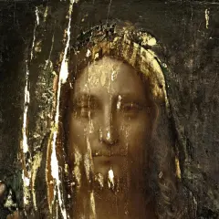 Das **Salvator Mundi Original** zeigt ein stark beschädigtes Porträt Christi mit goldener Aura.