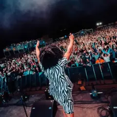 ¡Molan los 90 Zaragoza! Un artista con rastas y traje de cebra saluda a una multitud eufórica en un concierto nocturno.