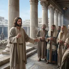 Jesus lehrt seine Jünger, wie in Johannes 5,30 beschrieben. Er steht vor einer Gruppe von Männern, während Schafe im Hintergrund grasen.