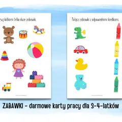 Zabawki – darmowe karty pracy dla 3-latka do wydrukowania. Na kartach są rysunki zabawek: miś, bębenek, konik na biegunach, piłka, lalka, klocki, pociąg, dinozaur, autko, kaczuszka, miś i kredki.