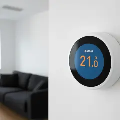 Termostato inteligente en pared, mostrando "HEATING" y 21.0°C. Al fondo, un salón moderno con sofá negro.