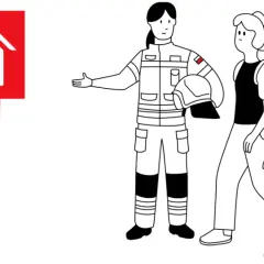 Strażaczka w mundurze, która nie dba o swój wygląd, prowadzi rodzinę z plecakami. Obok czerwony symbol domu z ludzikami.