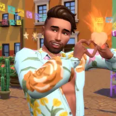 Sympatyczny Sim z gry **Woohoo Sims 4** tworzy serce z dłoni, emanując radością i miłością na tle kolorowej uliczki.