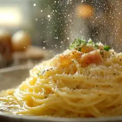 Pyszna carbonara z chrupiącym boczkiem, posypana parmezanem i świeżą natką. Idealny boczek do carbonary to klucz do sukcesu.