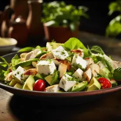 En lyxig kycklingsallad med avokado, fetaost och körsbärstomater. Ett perfekt recept för en lätt och smakrik måltid.
