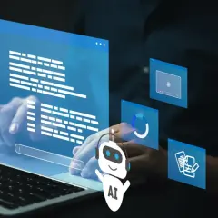 Un robot IA interagit avec des fenêtres d'interface utilisateur, symbolisant le **process robotic automation** et l'efficacité numérique.