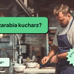 Kucharz w fartuchu przygotowuje jedzenie. Na ekranie pytanie: "Ile zarabia kucharz?". #workingastro