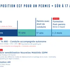Proposition ECF pour un permis à 17 ans : ASSR, permis, conduite accompagnée, formation post-permis et conduite supervisée.