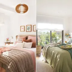 Two cozy bedrooms showcase how to layer bedding with plush throws and decorative pillows in soft, natural tones.