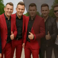 Zespół disco polo w czerwonych garniturach i skórzanych kurtkach pozuje do zdjęcia, dając kciuki w górę.