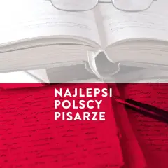 Otwarta księga i pióro na tle czerwieni z napisem "Najlepsi polscy pisarze".