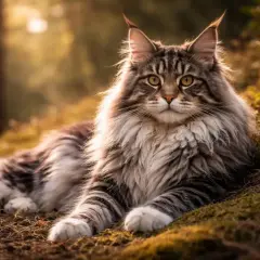 Majestatyczny kot rasy maine coon z puszystą grzywą leży w jesiennym lesie, otoczony złotym światłem.