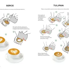 Ilustracje pokazują, jak wykonać latte art w kształcie serca i tulipana. To sztuka tworzenia wzorów z mlecznej pianki na kawie, czyli kawa speciality.