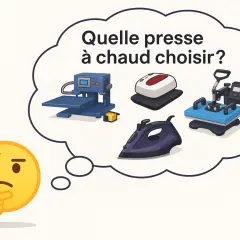 Un visage pensif réfléchit à quelle presse à chaud choisir pour le transfert d'images. Diverses machines, dont une presse à chaud, sont représentées.