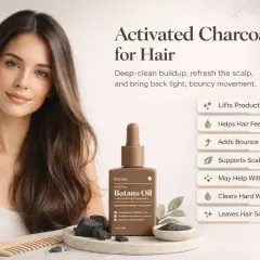 Mujer con cabello largo y sedoso junto a aceite Batana y carbón activado para el cabello, que promete limpieza profunda y brillo.