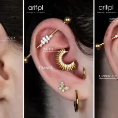 Ucho z wieloma kolczykami: helix, rook, conch, anti tragus, daith, tragus, industrial, upper lobe i lobe.