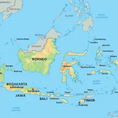 Mapa Indonezji, gdzie jest Bali, pokazuje wyspy Sumatra, Jawa, Borneo, Celebes, Timor i Nowa Gwinea.