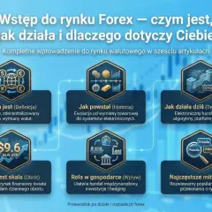 Grafika wyjaśnia, czym jest Forex: globalny rynek wymiany walut, jego historię, technologię, skalę, rolę w gospodarce i obala mity.