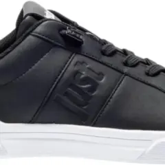 Sneakers cavalli uomo nere in pelle, con logo "Just" in rilievo e suola bianca. Stile casual e moderno.