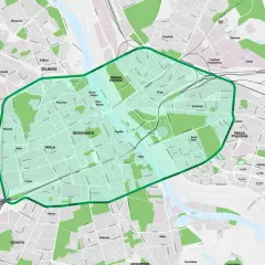 Mapa Warszawy z zaznaczoną zieloną obwódką: strefa czystego transportu warszawa obejmuje Śródmieście, fragmenty Woli, Ochoty, Pragi Północ i Południe.