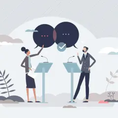 Dibattito tra due persone, una donna e un uomo, che parlano da podi. Sopra di loro, due fumetti si sovrappongono, simboleggiando la discussione.