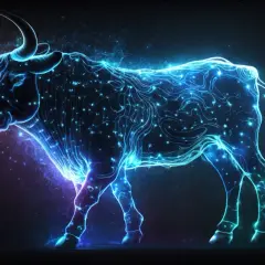 Galaktyczny Byk, 17 kwietnia znak zodiaku, emanuje niebieską energią kosmiczną.