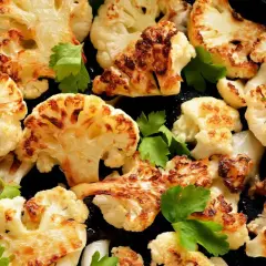 Chou-fleur rôti au four, doré et caramélisé, garni de persil frais dans une poêle en fonte. Un délice croustillant.