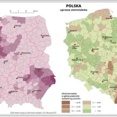 Mapy Polski pokazujące rozmieszczenie upraw buraków cukrowych i ziemniaków według powiatów.
