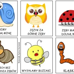 Zestaw logopedyczne prztyczki: ślimak robi smutną minę, sowa pokazuje język za górne zęby, biedronka masuje zęby dolną wargę, mrówka uśmiecha się bez pokazywania zębów, pszczoła wysyła buziaki, dżdżownica klaszcze.
