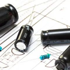 Kondensatory i rezystory na schemacie. Widać elementy elektroniczne, które wpływają na reaktancję obwodu.