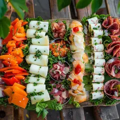 Plateau généreux pour un apéritif provençal : fromages roulés, charcuteries fines, poivrons colorés et olives.