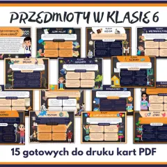 Przedmioty w klasie 6: język polski, matematyka, biologia, geografia, historia, technika, informatyka, wychowanie fizyczne, etyka, religia, język obcy, zajęcia z wychowawcą.