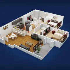 Plano de apartamento moderno con cocina, sala, dos dormitorios y baños. Ideal para un hogar con domótica Google.
