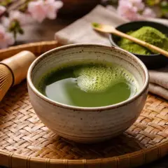 En skål med grön matcha latte, en bambuvisp och en skål med matchapulver på en flätad bricka, med körsbärsblommor i bakgrunden.