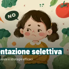 Bambina triste circondata da verdure, con un fumetto "NO". L'immagine esplora le cause dell'alimentazione selettiva.
