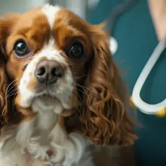 Un chien Cavalier King Charles, au regard triste, est examiné par un vétérinaire. Il pourrait souffrir d'un stade terminal d'insuffisance cardiaque.