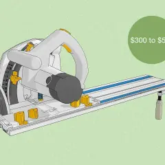 A circular saw with a track system, capable of cutting tile, priced between $300 and $550.