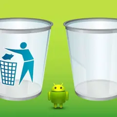Gdzie jest kosz w telefonie? Dwa przezroczyste kosze na śmieci, jeden z ikoną wrzucania papierka, a obok mały zielony robot Android.