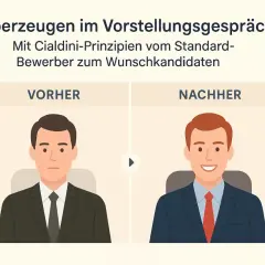 Vorher-Nachher-Vergleich: Ein Bewerber wird durch Cialdini-Prinzipien vom Standard zum Wunschkandidaten. Expertise bedeutung wird hier visuell dargestellt.
